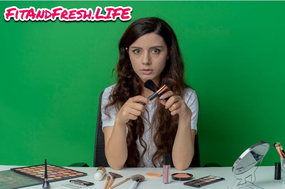 A girl posing cross sign with her makeup kits representing skin fasting
