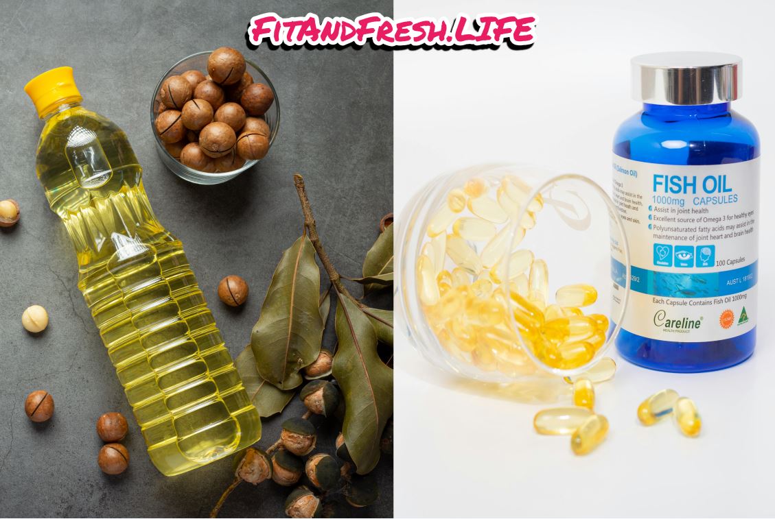 Algae oil vs fish oil supplements side-by-side showing capsule differences and plant-based vs marine omega-3 sources